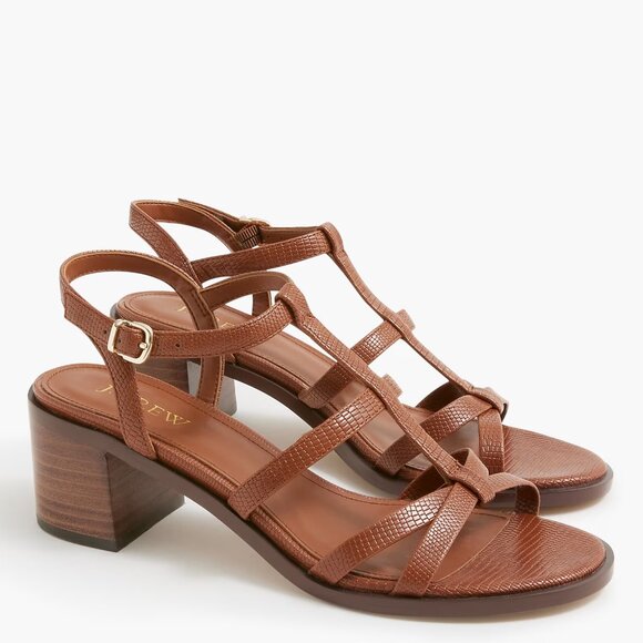 J. Crew Brown Lizard Textured T-strap Heeled Sandals/NWOT/7.5M - Picture 1 of 10